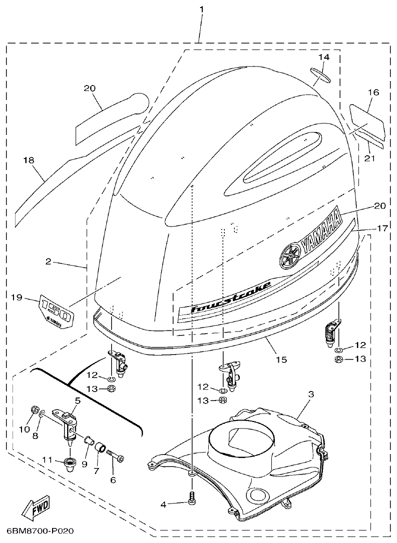 Yamaha F150FET, FL150FET TOP COWLING parts diagram